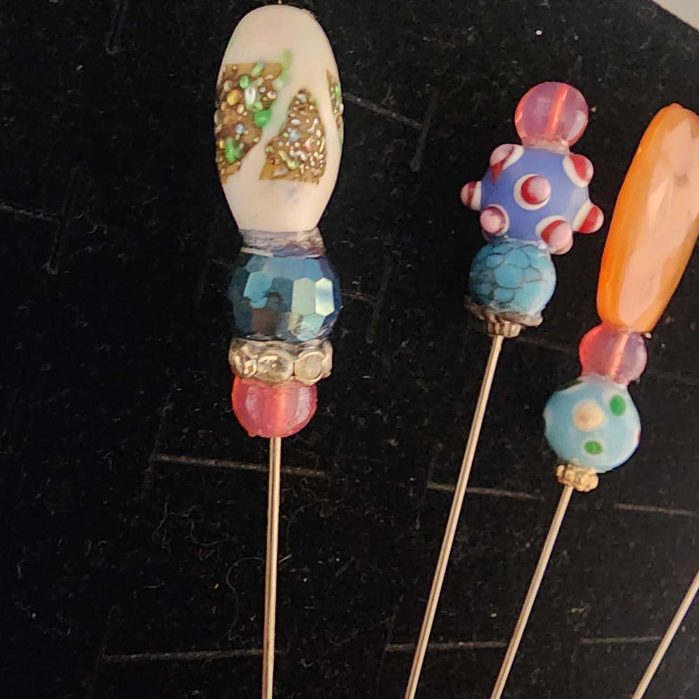 4 Elegant Beaded Hat Pins Set Vintage Art Glass Multicolor 7" Handmade Hatpins - Picture 3 of 4